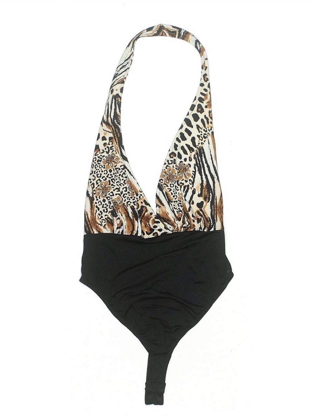 Almost Famous Animal-Print Halter Bodysuit in Black and Brown Tones